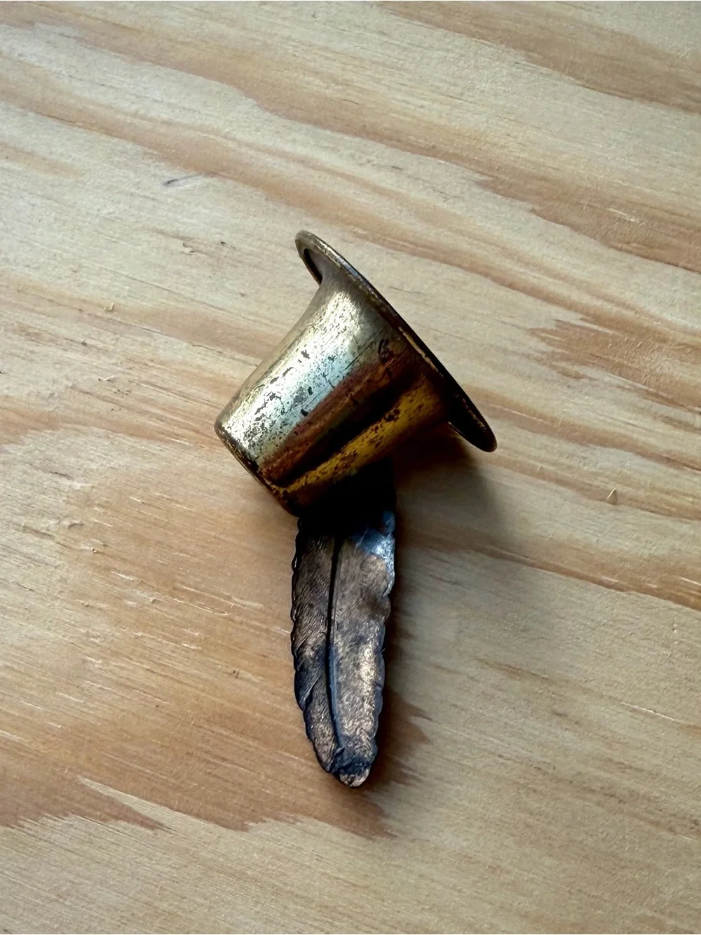 Brass Top Hat Candle Snuffer Feather Handle w/ Aged Patina